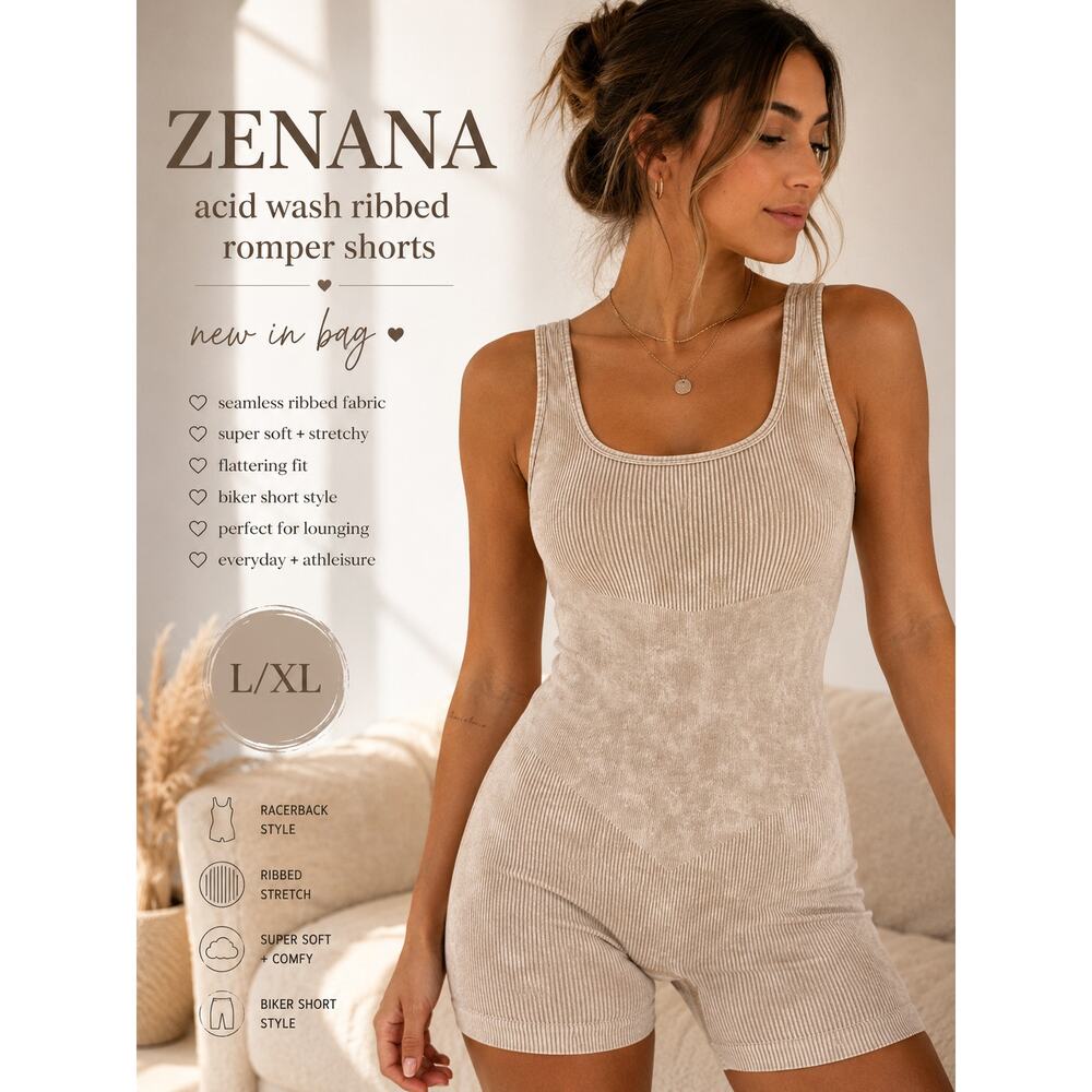 Zenana Ribbed Acid Wash Seamless Romper Shorts Beige L/XL